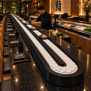 Esteira Sushi Kaiten 8 m – Aço Carbono para RestaurantesEsteira Sushi Kaiten 8 m – Aço Carbono para Restaurantes
