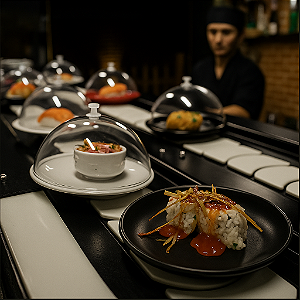 Esteira Sushi Kaiten 8 m – Aço Carbono para RestaurantesEsteira Sushi Kaiten 8 m – Aço Carbono para Restaurantes