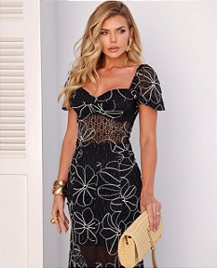 Vestido Midi Clássico em Renda Preta com detalhe em Fio Cru Bella Notte Preto