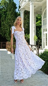 Vestido Mídi de Renda Branca com Forro Nude Bride Branco