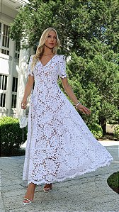 Vestido de Renda Branca e Forro Nude Lace Branco