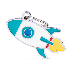 Placa De Identificacao Em Formato De Foguete, Feita Em Aco Esmaltado, Cor Branco E Azul, Modelo Charms, Marca Myfamily,