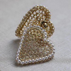 Brinco Coração Tramado Gold Pérola