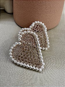 Brinco Coração Pérola Tramado - Rosê