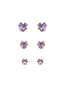 Trio Brincos Corações Ametista Ouro 18k