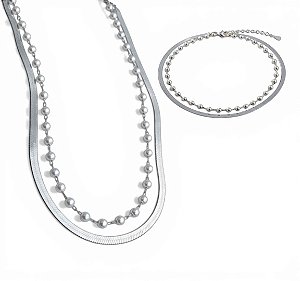 Conjunto Colar Duplo + Pulseira Pérolas