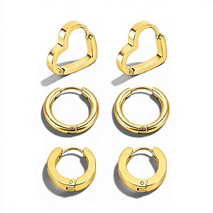 Trio Coração e Argolas | Ouro 18k