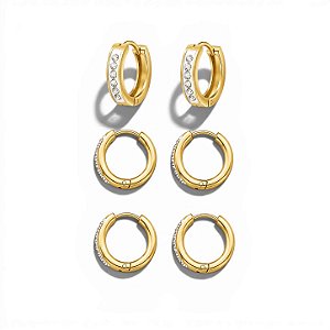 Trio Argolas Shine Cravejadas | Ouro 18k