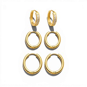 Trio Argola Cravejada e Lisas | Ouro 18k