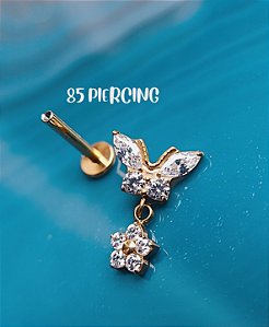 LBT BORBOLETA COM PINGENTE FLOR TITÂNIO GOLD PVD