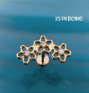 CLUSTER 3 FLORES VAZADAS 3 ZIRCÔNIAS TITÂNIO GOLD PVD