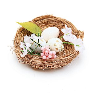 NINHO DECORATIVO COM OVOS E FLORES ROS/BCO 4X9X9CM 1013580