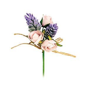 PICK 2 BOTÕES DE ROSAS COM LAVANDA E LAÇO JUTA 11CM 1820556