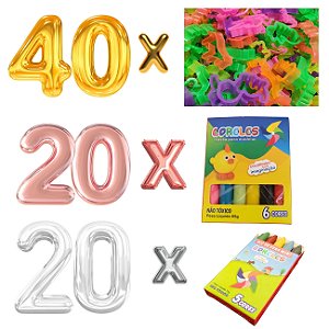 Kit Festa Aniversário - 40 Fominhas + 20 Cxs Massinha de Modelar + 20 Cxs Mini Giz de Cera