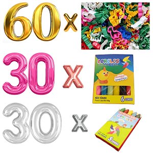 Kit Festa Aniversário - 60 Forminhas + 30 Cxs de Massinha de Modelar + 30 Cxs de Mini Giz de Cera