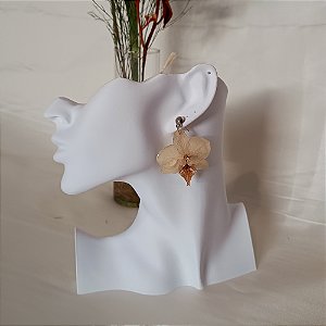 Brinco Branco Amarronzado Curto - Orquídea Natural Preservada em Resina