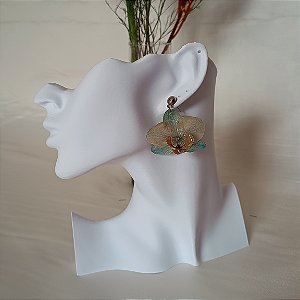 Brinco Azul Amarronzado Curto - Orquídea Natural Preservada em Resina