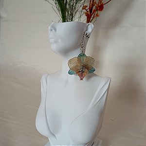 Brinco Azul Amarronzado Longo - Orquídea Natural Preservada em Resina
