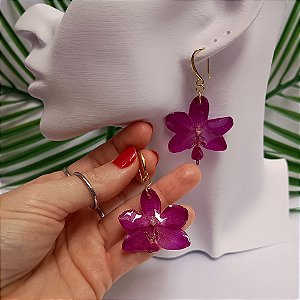 Brinco Longo Diana - Orquídea Natural Preservada em Resina