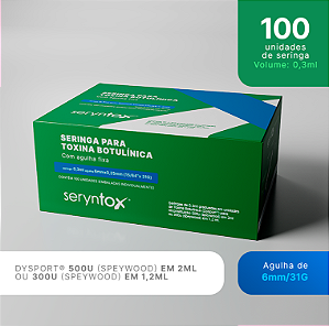 Seringas de 0,3mL  Dysport® para reconstituição de 500u (Speywood) em 2ml ou 300u (Speywood) em 1,2ml. caixa de 100 unidades