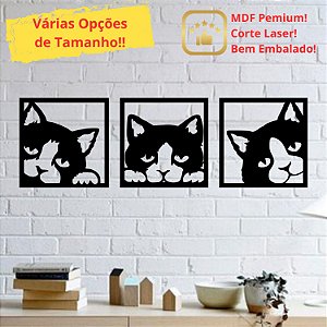 Quadro Decorativo Vazado Carinhas de Gato MDF 3mm 3 Peças 20x20cm