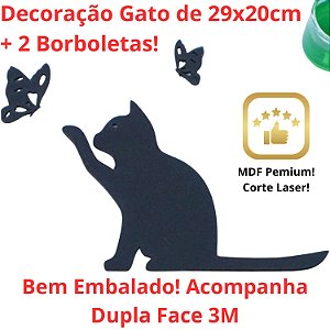 Quadro Aplique Decorativo Gato com Borboletas MDF 3mm 29x20cm