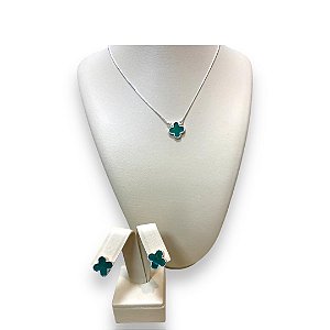 Conjunto Trevo Verde Banhado em Prata
