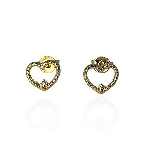 Brinco banhado a ouro 18k, modelo coração com uma zircônia