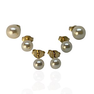 Brinco trio pérolas, banhado em ouro 18k