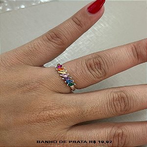 Anel banhado a prata com pedras coloridas
