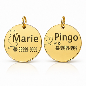 Pingente placa identificação PET personalizado dourado