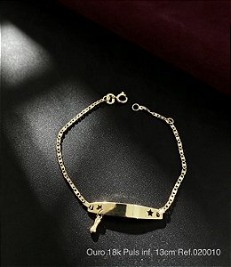 Pulseira Infantil com Placa e Pingente Figa em Ouro 18K 13cm