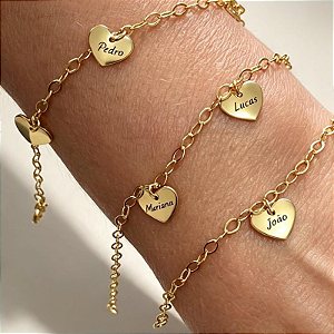 Pulseira Feminina Adulto Personalizada com Coração Banhada a Ouro 18K
