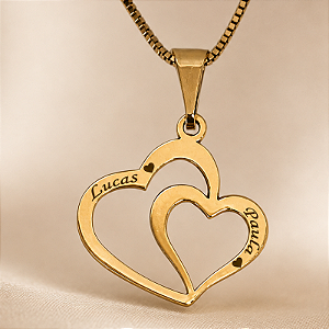 Gargantilha Coração Duplo Personalizada Banhada a Ouro 18K