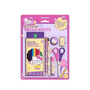 Kit completo Escolar Hello Kitty com Lápis de Cor 12 Cores (Apontador, Lápis HB, Borracha, Tesoura, Cola)