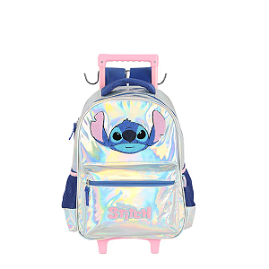 Mochila Infantil De Rodinhas Stitch Oficial Luxcel - Cor Prata Holográfica Escolar