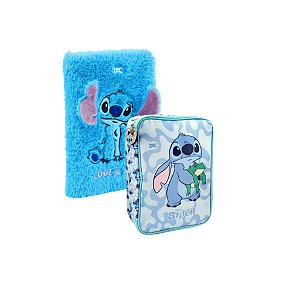 Kit Estojo Box Escolar Stitch Com Divisórias Infantil Dac + Caderno Fluffy P/ Anotações Stitch 80 Folhas Pautadas Dac