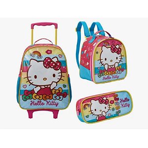 Kit Mochila Com Rodas + Lancheira + Estojo Simples Escolar Infantil Hello Kitty Gatinha Xeryus 13530 - 13534 - 13535