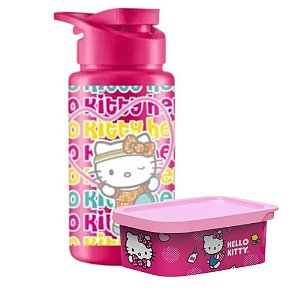 Kit Garrafa Squeeze 500ml Hello Kitty + Organizador De Lancheira Escolar Infantil Multiuso 500ml Hello Kitty