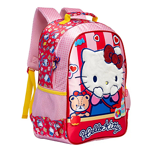 Mochila Escolar Rosa Vermelho 40cm Hello Kitty Paetês Cetim