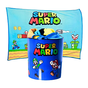 Kit Balde Pipoca + Manta Super Mario Mario Azul-celeste