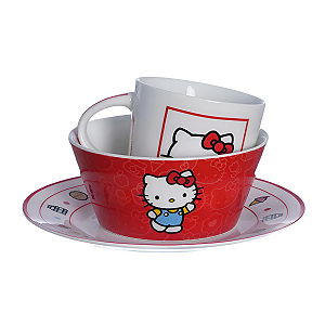 Kit Café Da Manhã Caneca Prato E Bowl Hello Kitty Oficial Vermelho Hello Kitty