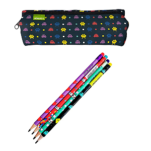 Kit Papelaria Fofa Game Estojo + 04  Lápis Borracha