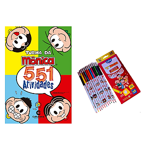 Kit Livro De Atividades Turma Da Mônica 551 Exercícios + Lápis de Cor com 12 cores apagável.
