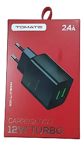 CARREGADOR TURBO COM 2 PORTAS USB 12W 2.4A TOMATE TT-1202