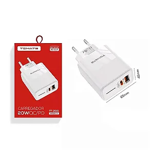 CARREGADOR TURBO COM PORTA USB E USB-C 20W TOMATE TT-2001