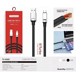 CABO DE DADOS TURBO USB PARA TYPE-C 1.2M 5V 2.4A TOMATE TC-202C