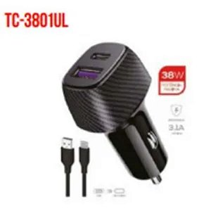CARREGADOR VEICULAR PARA IPHONE COM PORTA USB E TYPE-C 38W TOMATE TC-3801UL