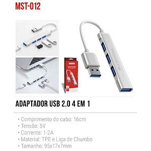 HUB COM 4 PORTAS USB 2.0 TOMATE MST-012