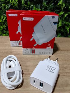 KIT CARREGADOR TURBO 1 TYPE-C 1 USB 20W TOMATE TT-2023C